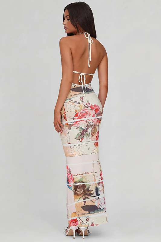 Printed Halter Patchwork Knit Slim Long Floral Dress - Image 2