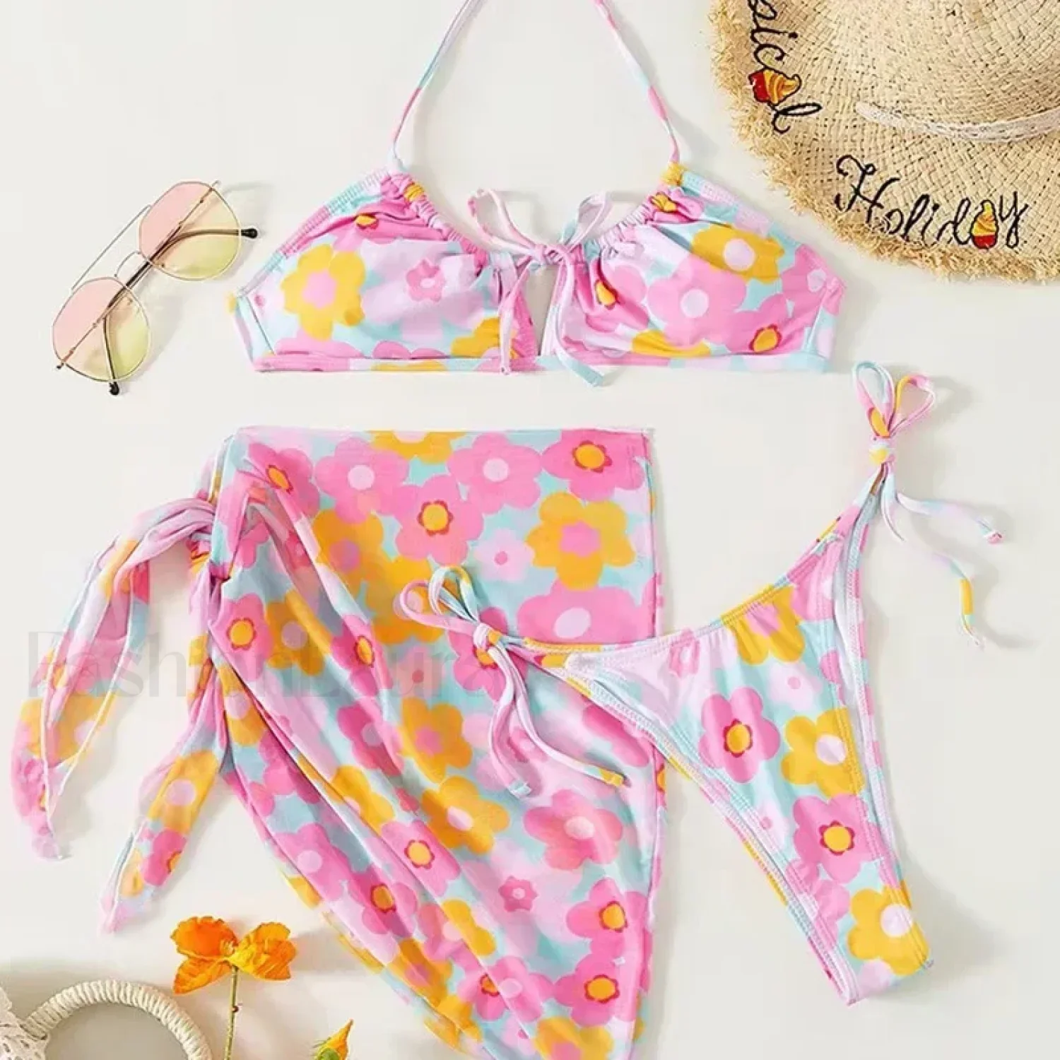 Printed Lace-Up Halter Three Piece Set - Image 2