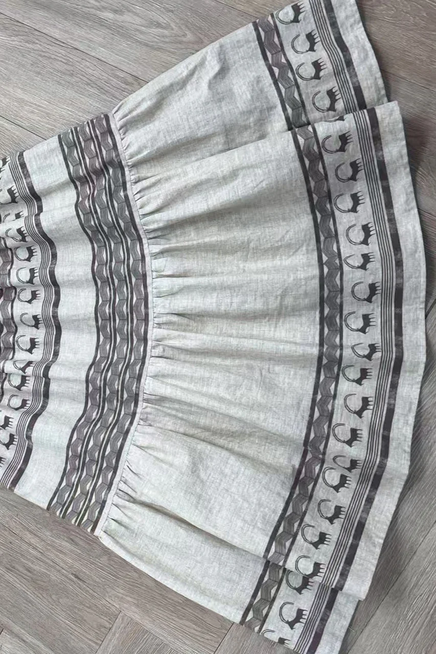 Printed Linen High Waist A Line Boho Skirt - Image 3