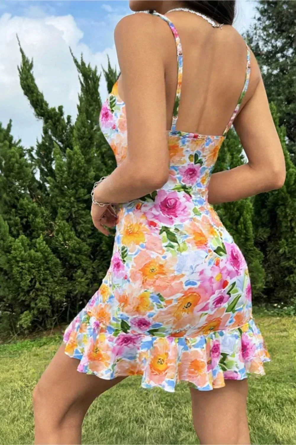 Printed Painted Backless A-Line Strappy Floral Dress - Image 2
