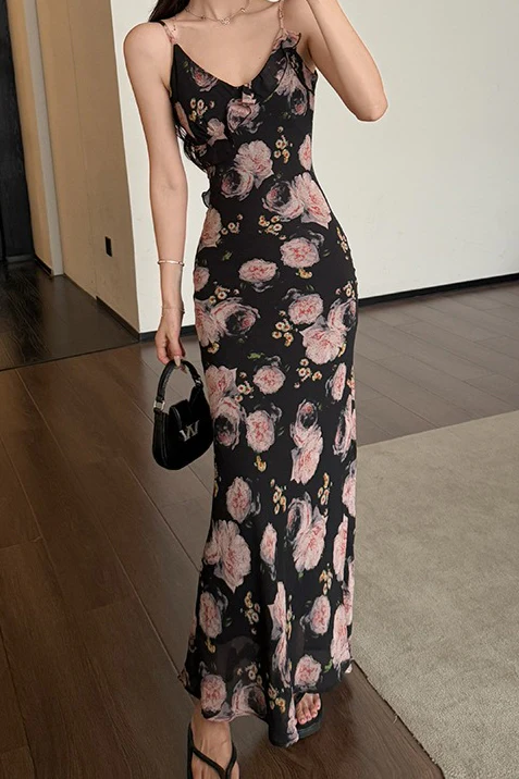 Printed Ruffle Detail Slim Long Floral Dress - Image 2