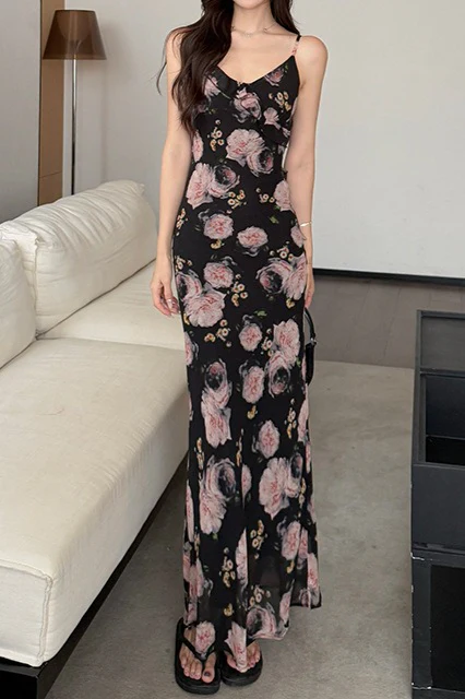 Printed Ruffle Detail Slim Long Floral Dress - Image 3
