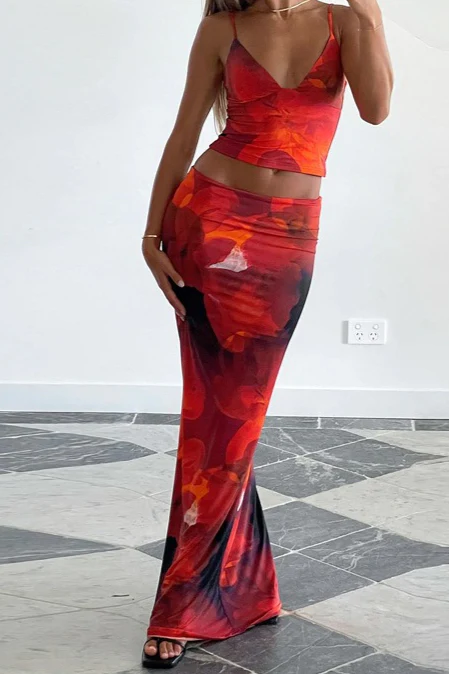 Printed V Neck Bodycon Skirt Set - Image 7