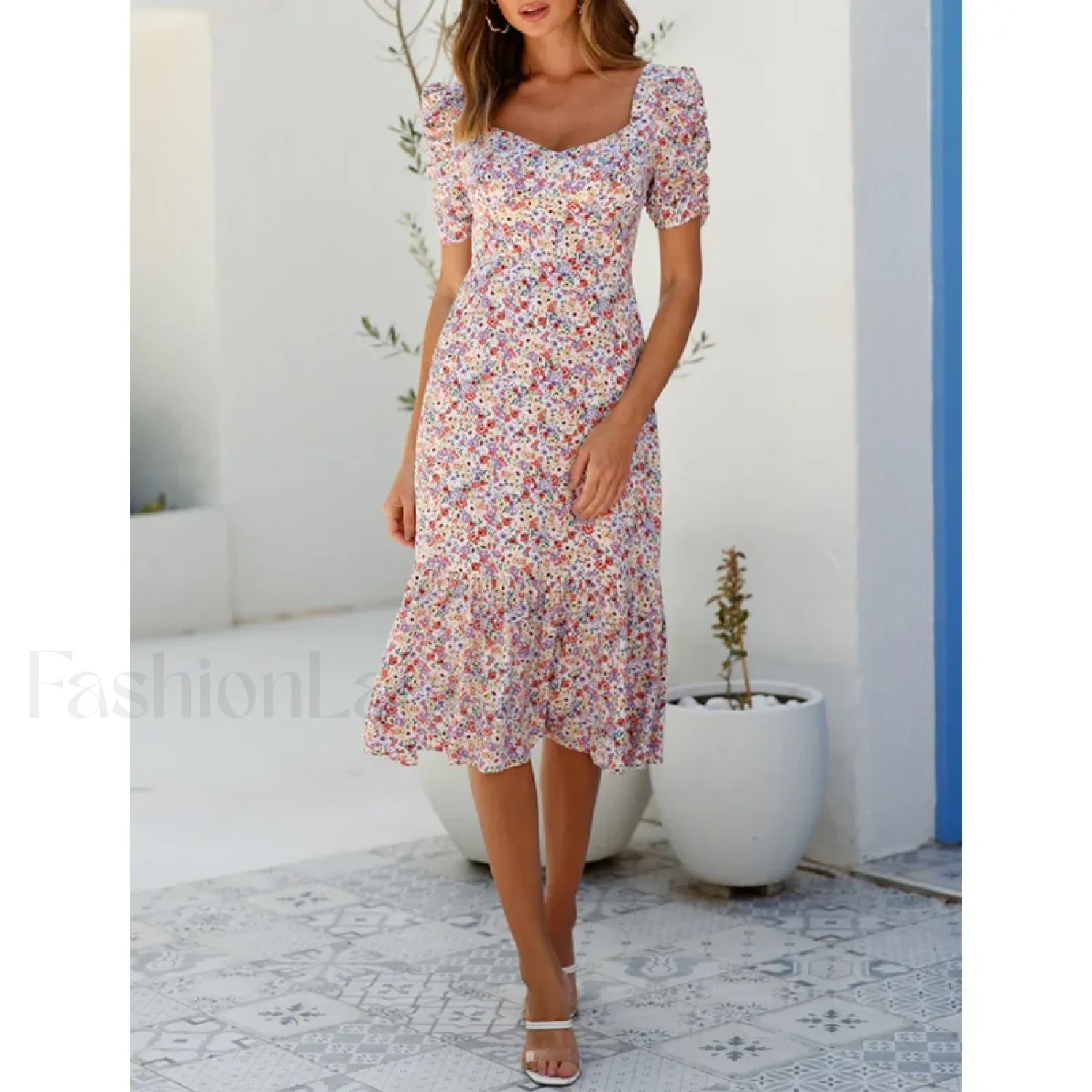 Puff-Sleeve Back-Tie Midi Dress - Image 2