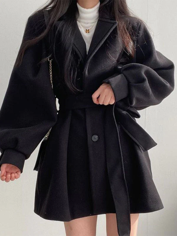 Puff Sleeve Belted Woolen Coat - Image 23