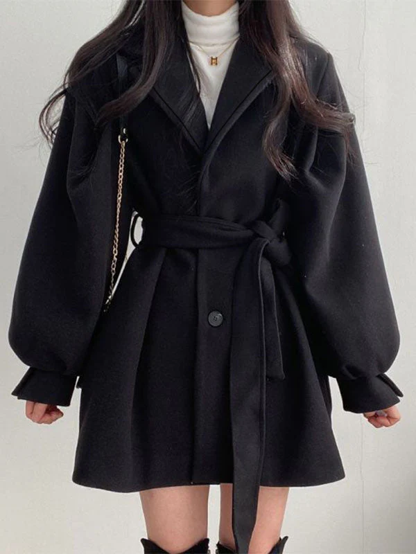 Puff Sleeve Belted Woolen Coat - Image 33