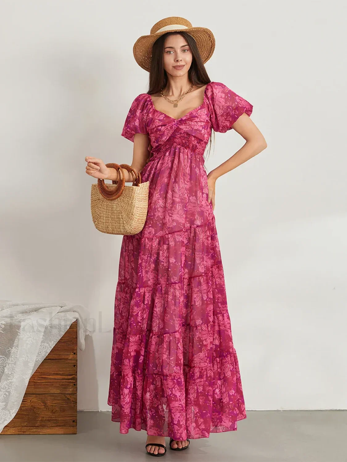 Puff Sleeve Floral Flowy Maxi Dress - Image 23