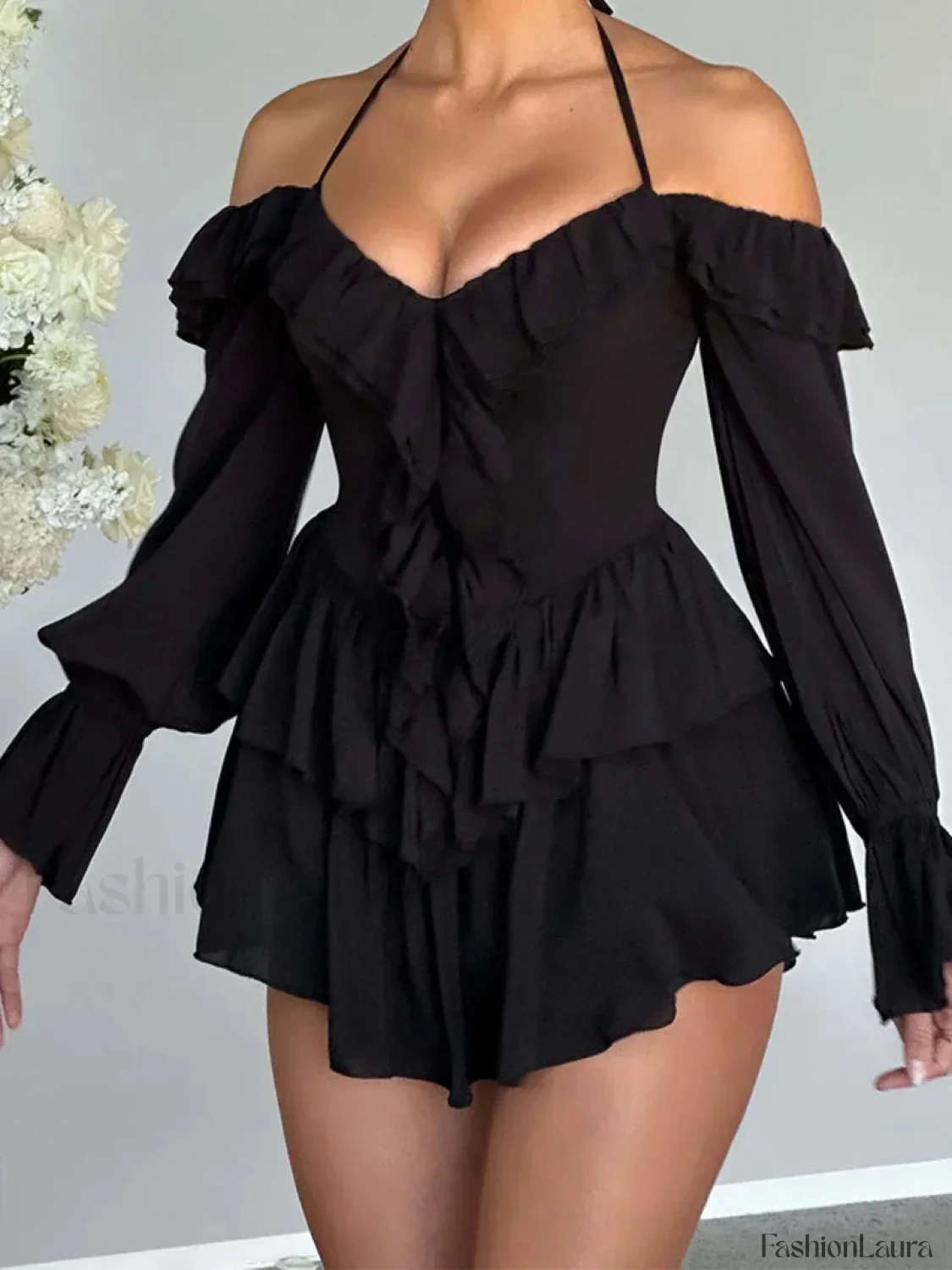 Pure Color Flare Sleeve Mini Dress - Image 12