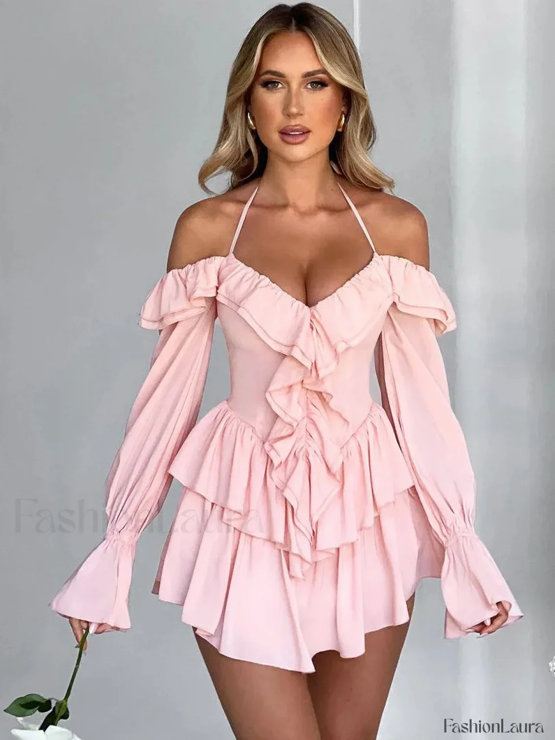 Pure Color Flare Sleeve Mini Dress - Image 13