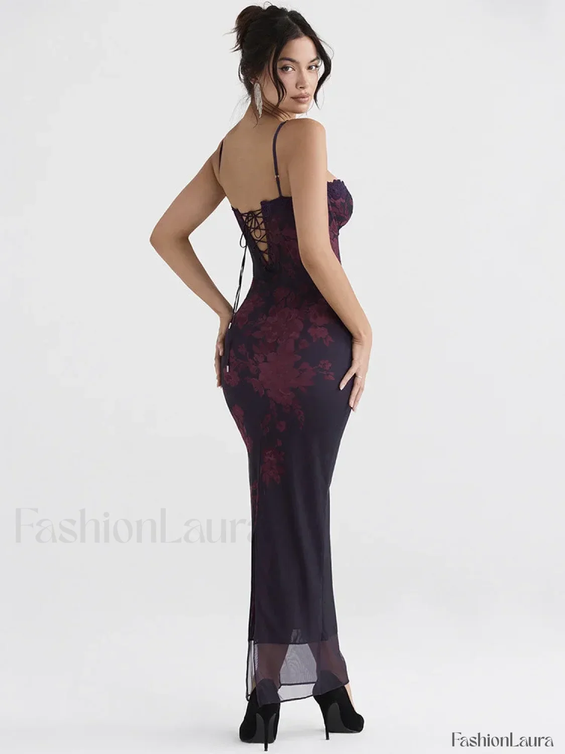 Purple Print Ruched Fishtail Maxi Dress - Image 10