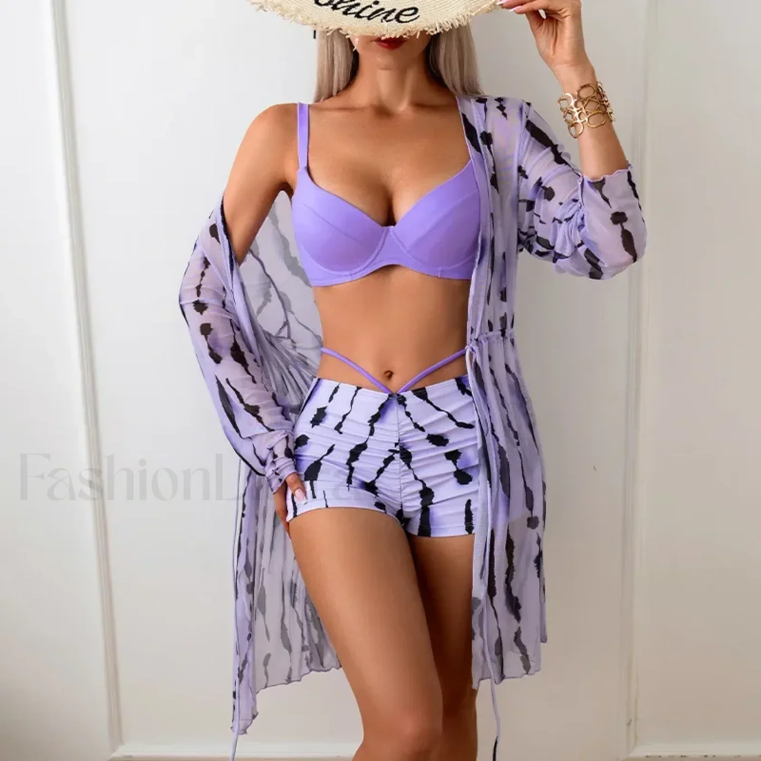 Purple Printed Kimono Cover Three Piece Set - Image 10