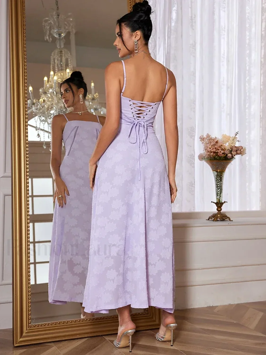 Purple Spaghetti Lace Maxi Dress - Image 11