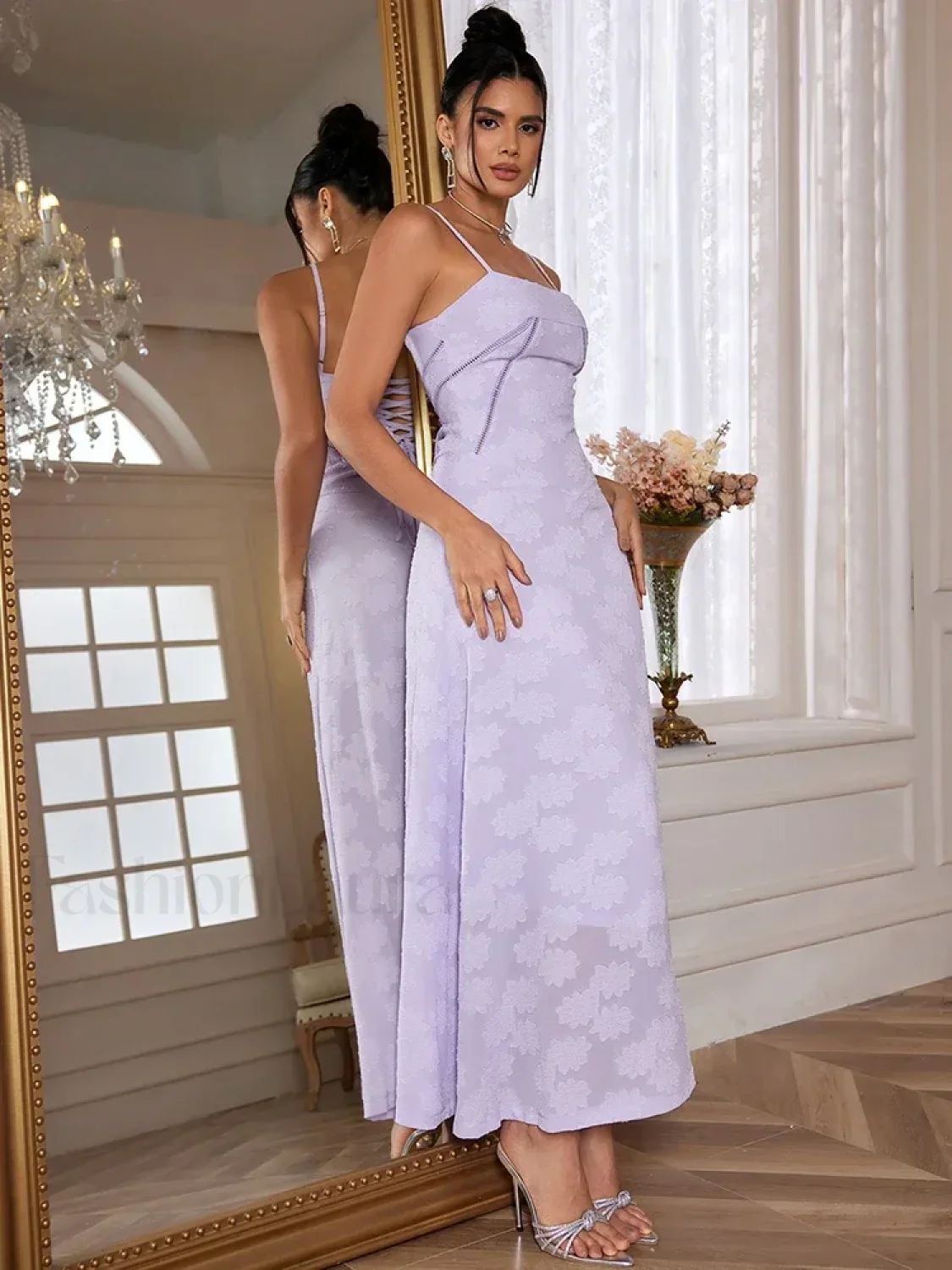Purple Spaghetti Lace Maxi Dress - Image 9