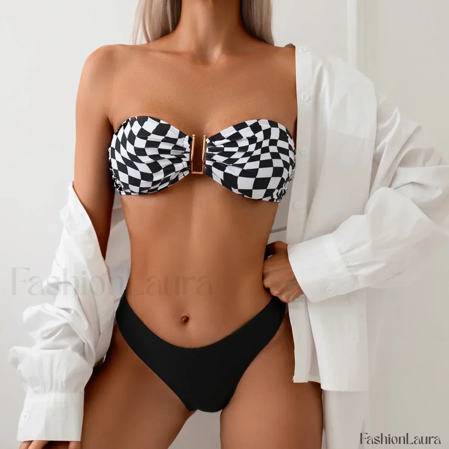 Push Up Plaid Bandeau Bikini Set - Image 12