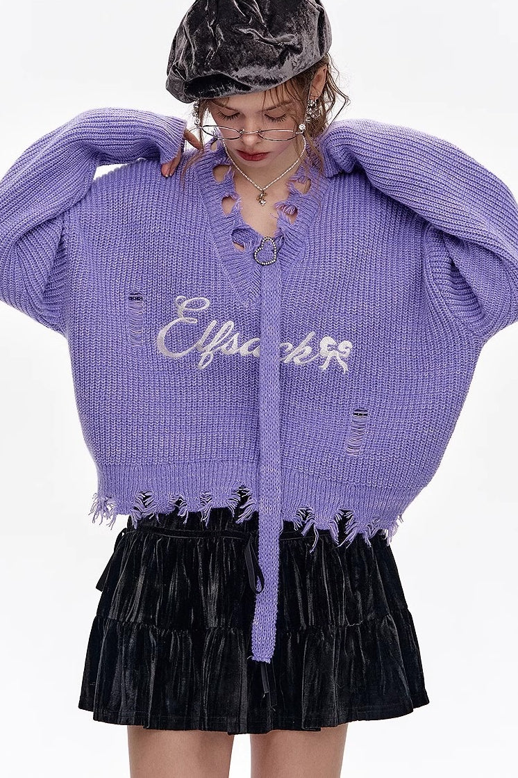 Red Embroidered Raw Edge Wool Blend Sweater - Image 8