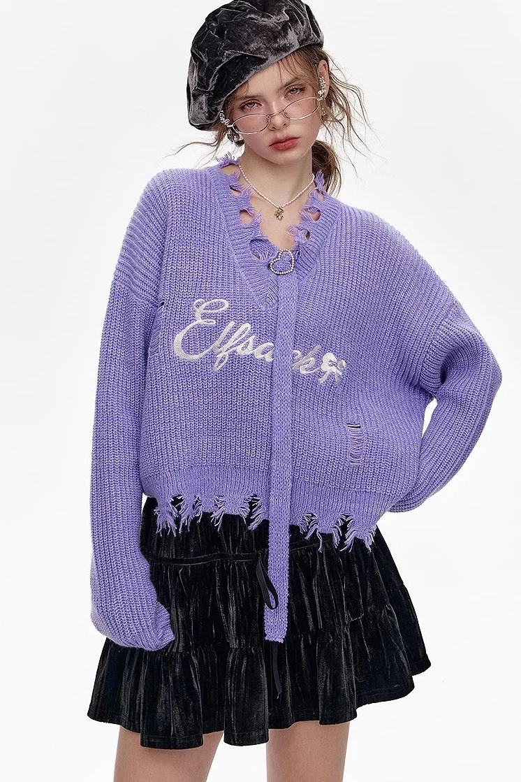 Red Embroidered Raw Edge Wool Blend Sweater - Image 9