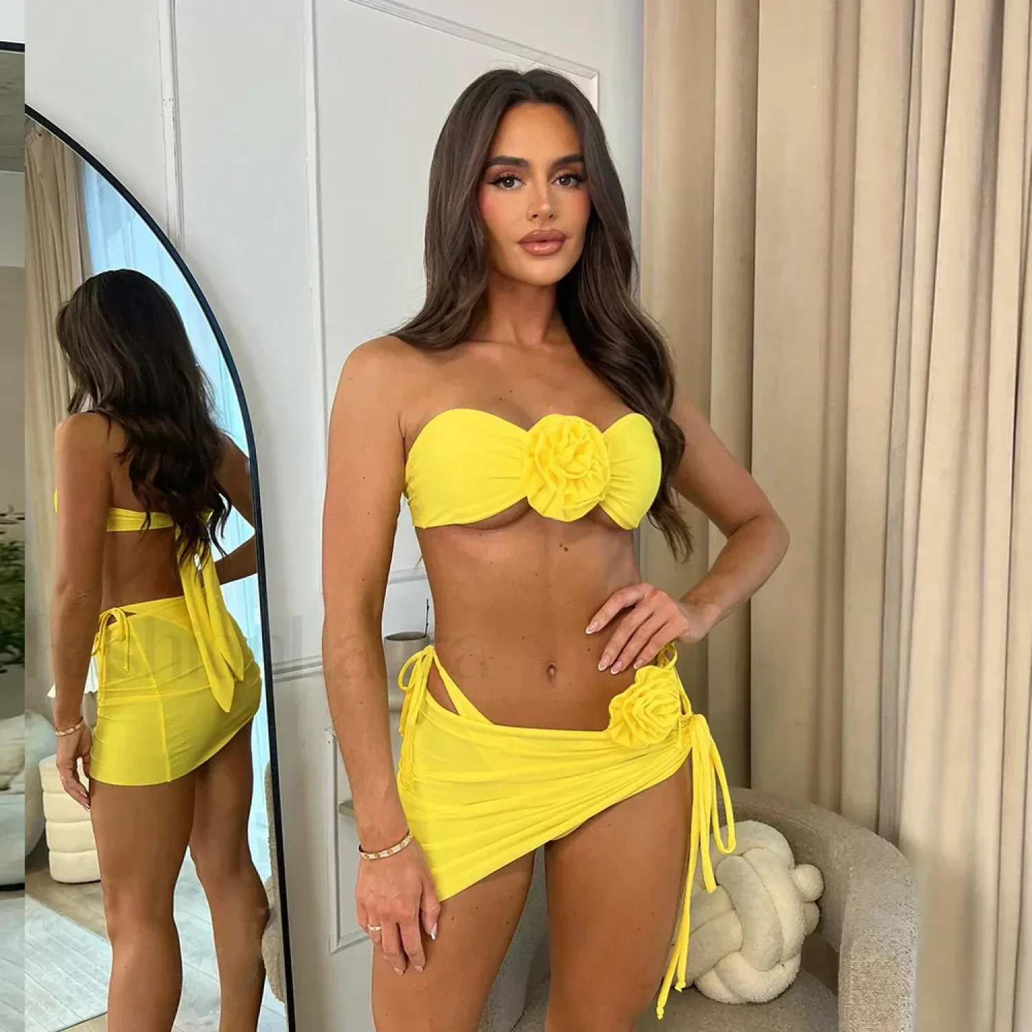 Red Lace-Up Push-Up Bikini Three Piece Set - Image 12