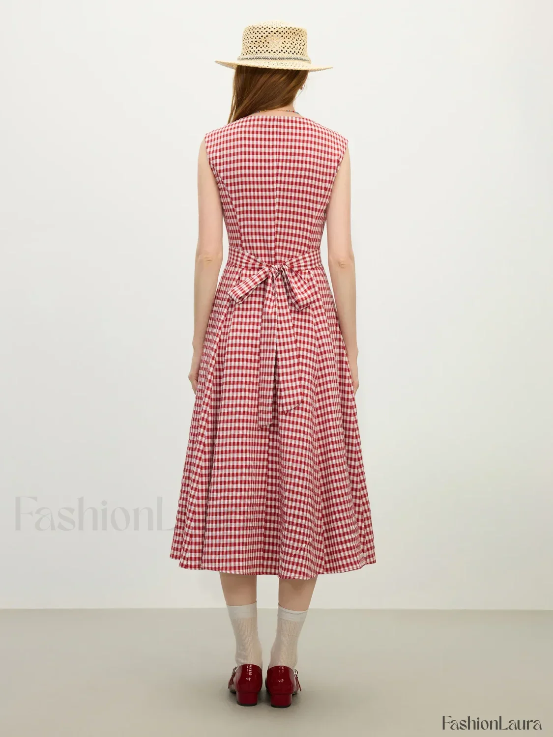 Red Plaid Sash Midi Dress - Image 7