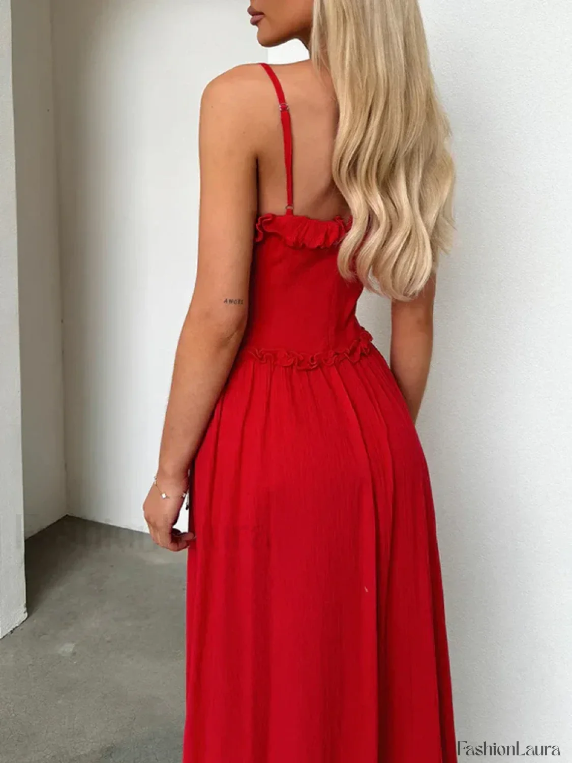 Red V-Neck Camisole Midi Dress - Image 7