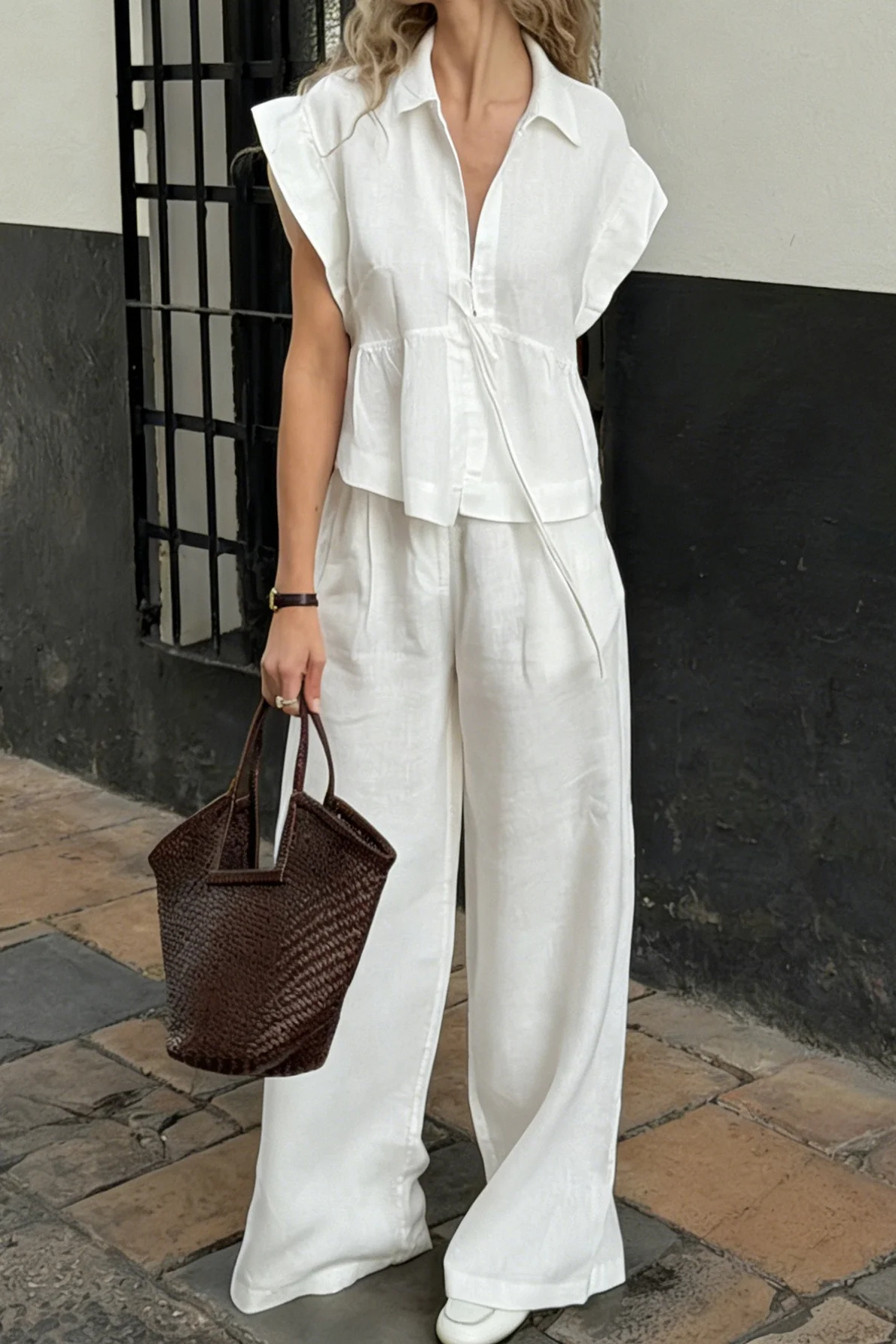 Relaxed Sleeveless Shirt Wide Leg Pants Set - Image 5