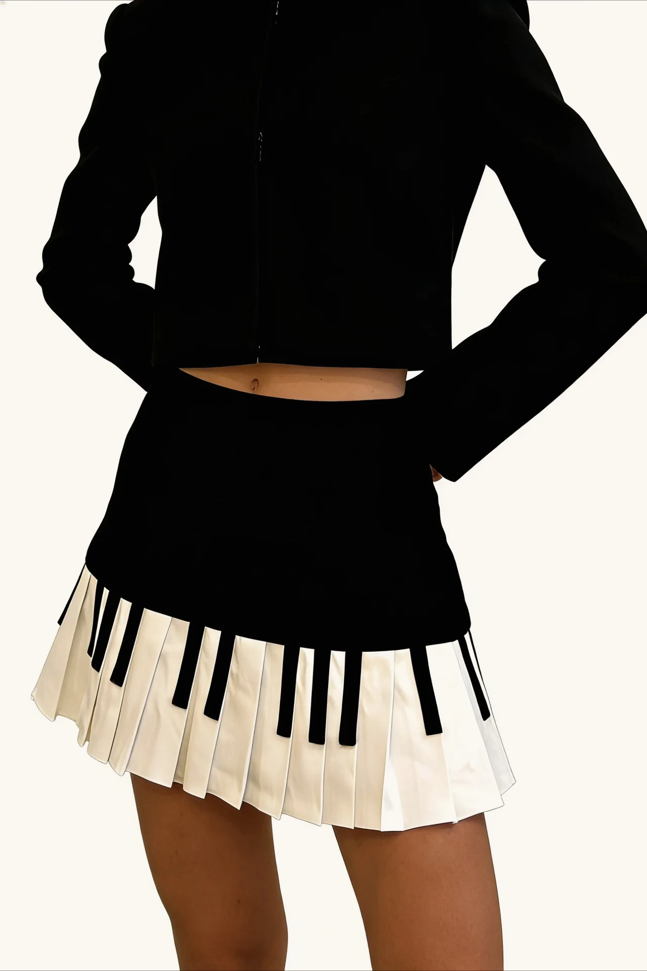 Retro Black White Piano Pleated High Waist Slim Skirt - Image 5