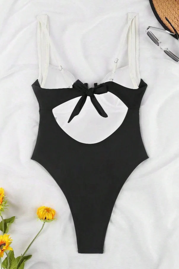 Retro Colorblock Halter Backless One Piece Swimwear - Image 5