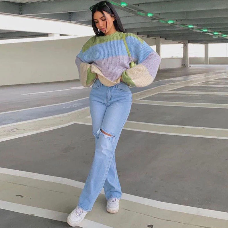 Cut Out High Waist Frayed Straight Leg Jeans - Light Blue - Image 11