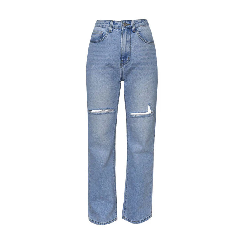 Cut Out High Waist Frayed Straight Leg Jeans - Light Blue - Image 5