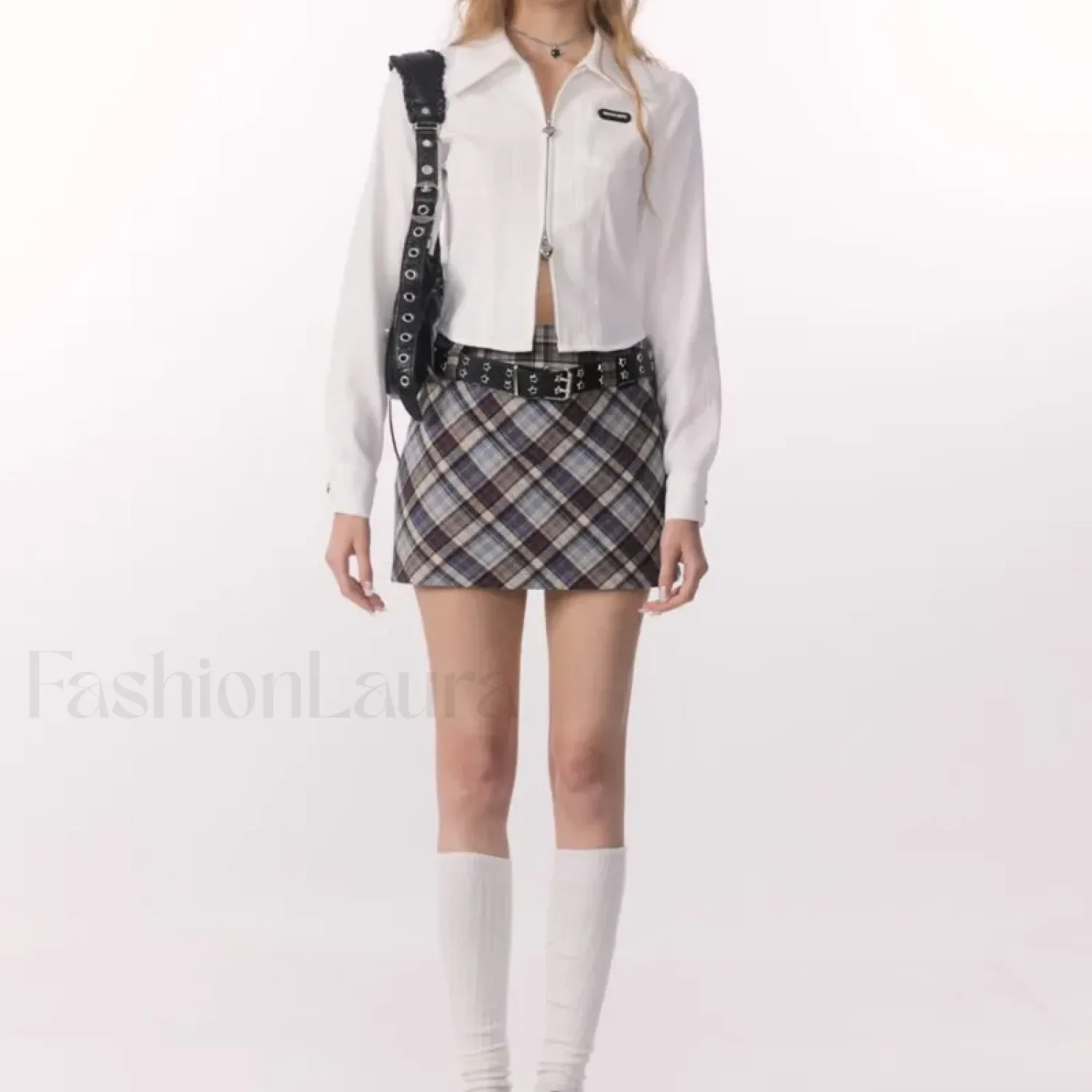 Retro High Waist Commuter Plaid Skirt - Image 2