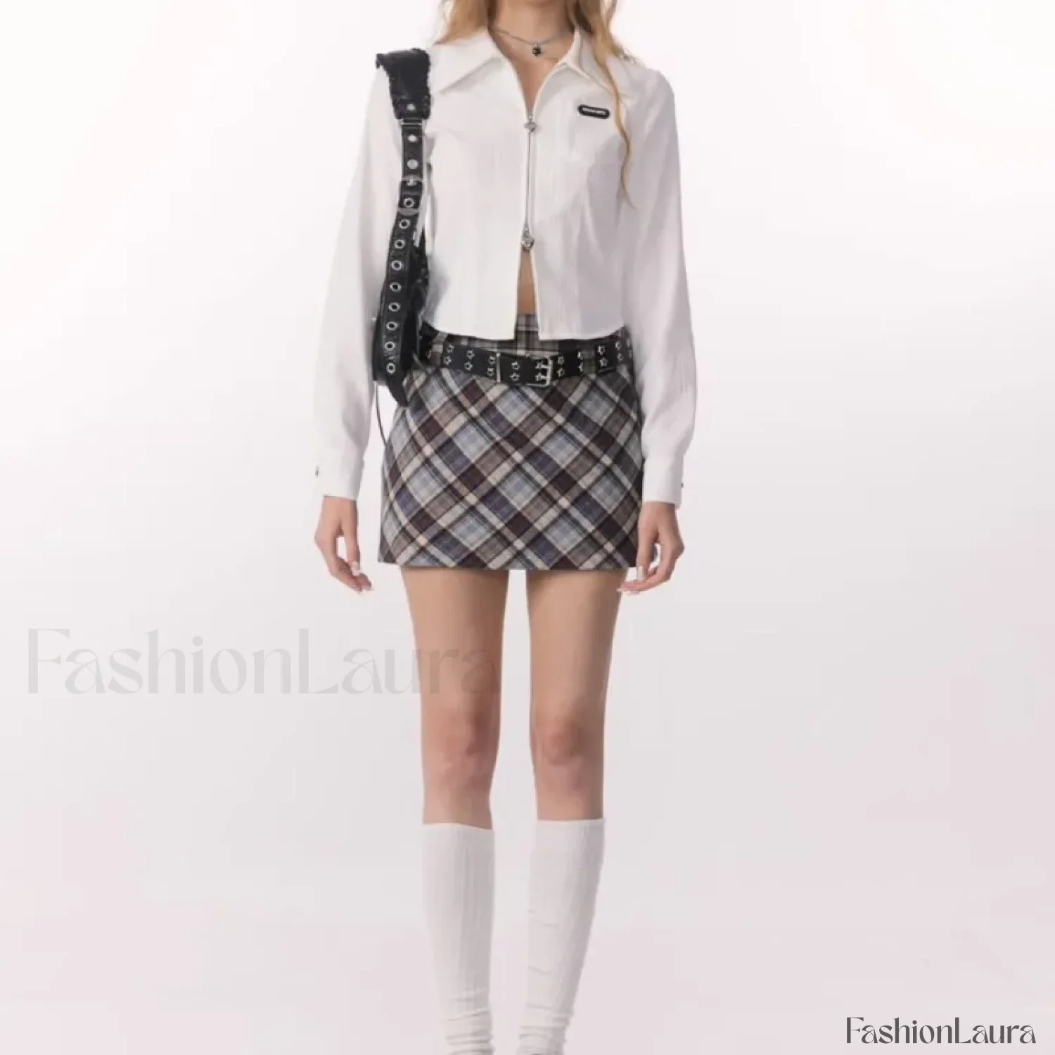 Retro High Waist Commuter Plaid Skirt - Image 7