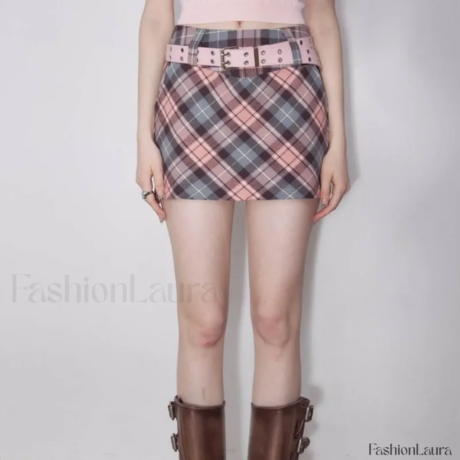 Retro High Waist Commuter Plaid Skirt - Image 8