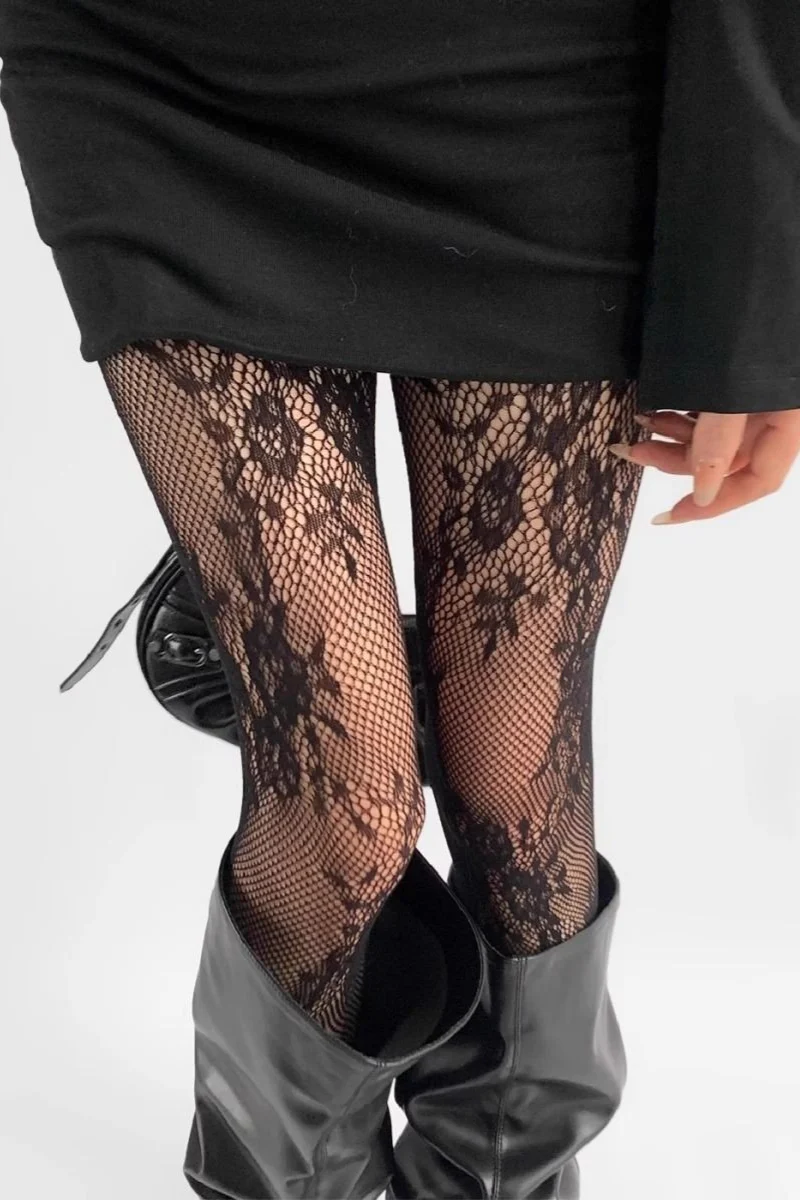 Retro Lace Grey Fishnet Tights - Image 3