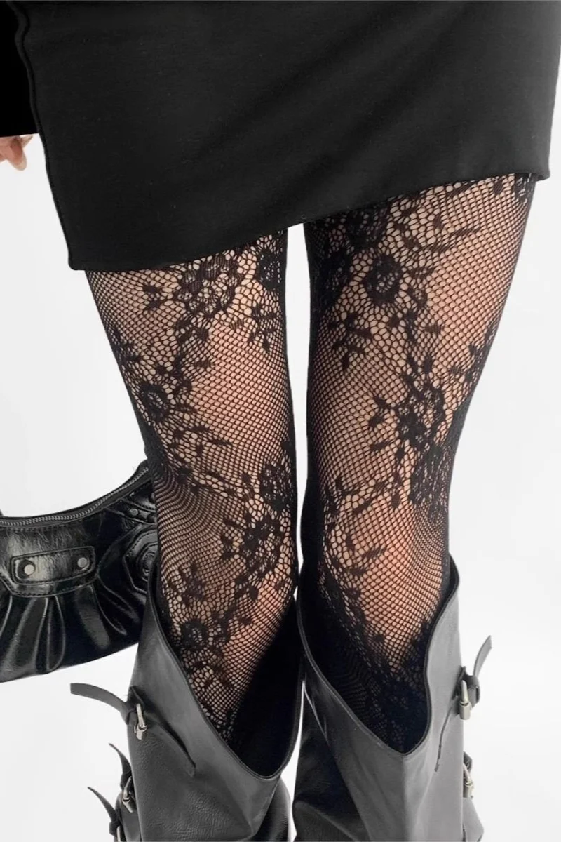 Retro Lace Grey Fishnet Tights - Image 4