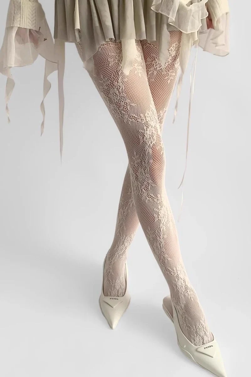 Retro Lace Grey Fishnet Tights - Image 7
