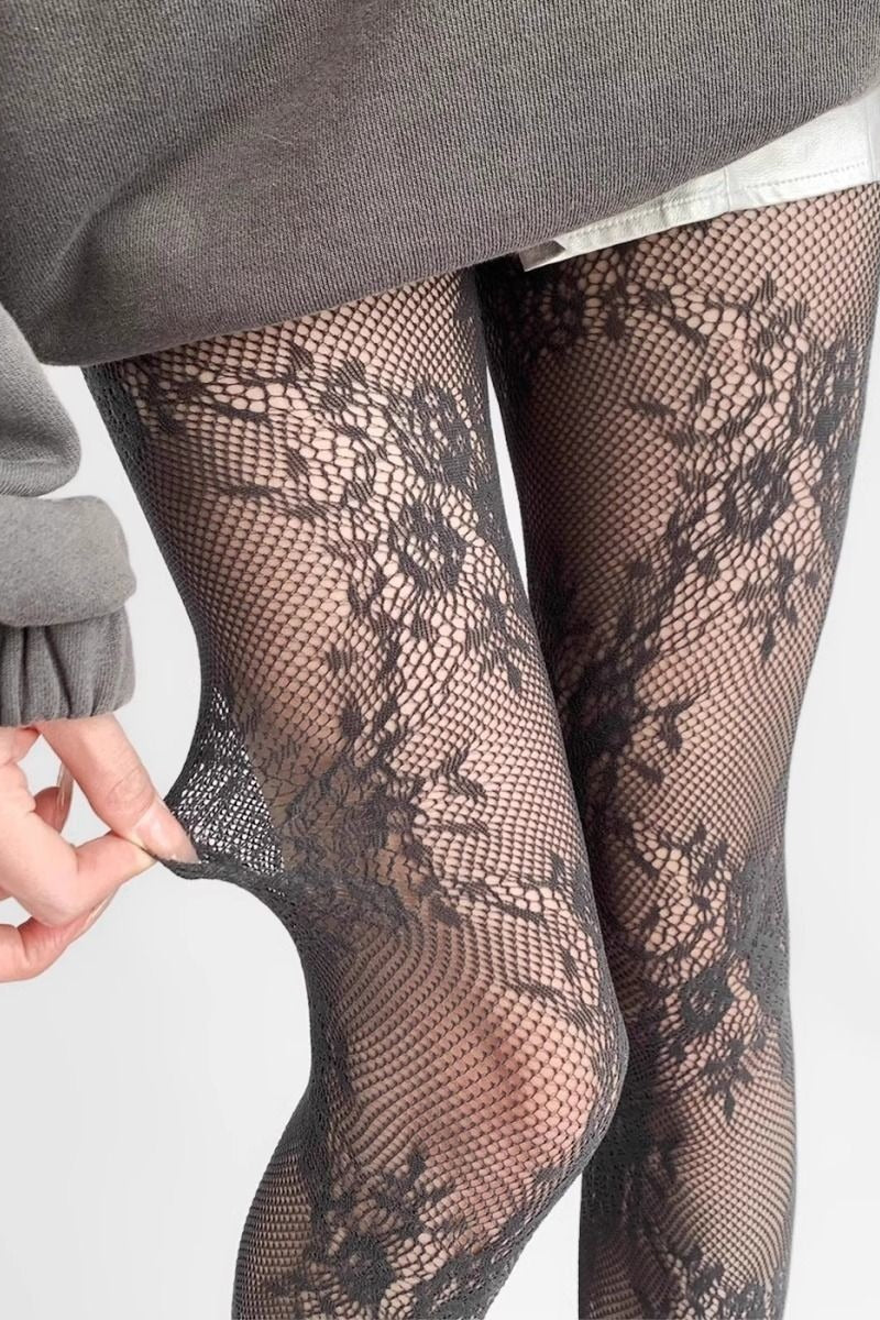 Retro Lace Grey Fishnet Tights - Image 9