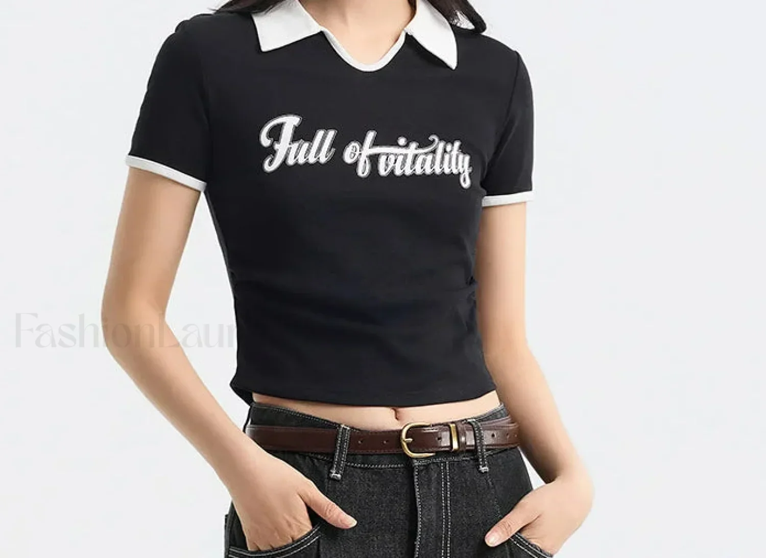 Retro Letter Tight Pullover Polo T-Shirt - Image 4