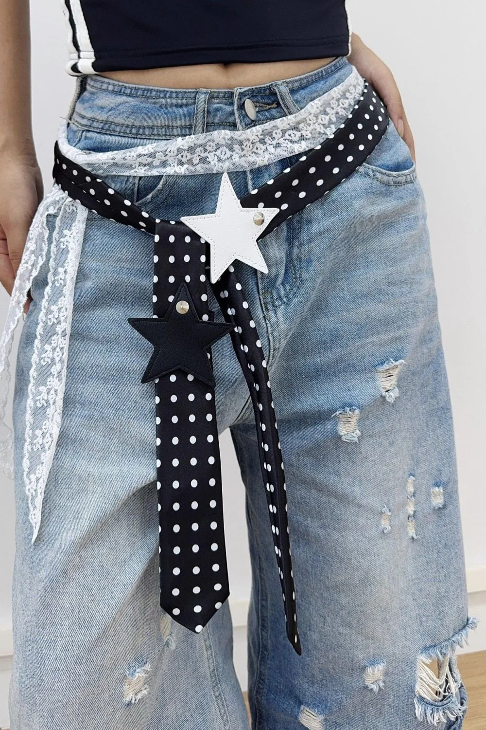 Retro Polka Dot Scarf Lace Two Piece Belt Set - Image 6