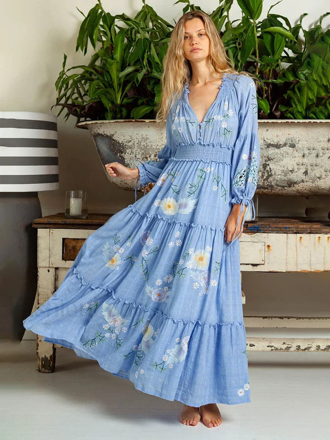 Retro V-Neck Elastic Boho Dress - Image 3