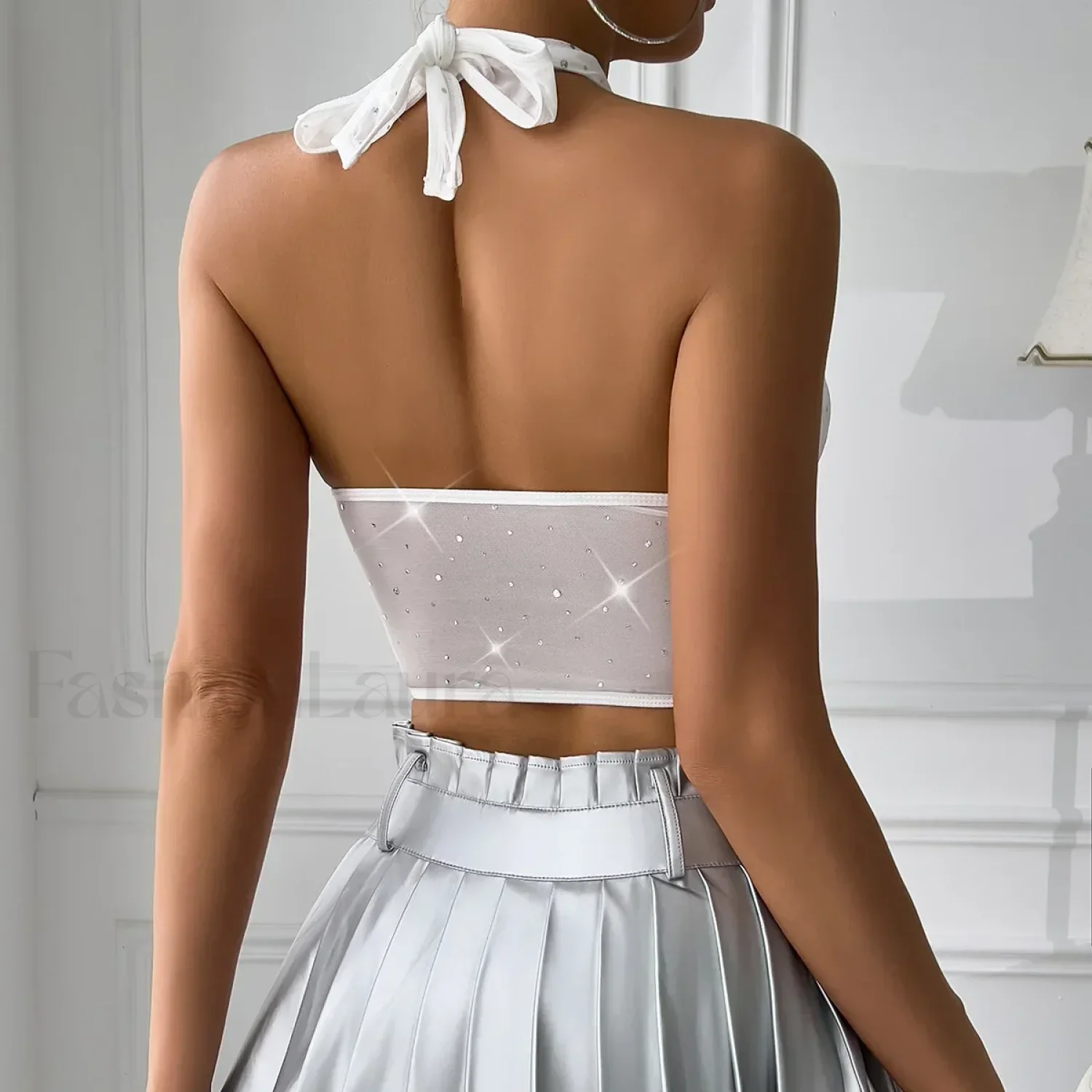 Rhinestone Mesh Corset Crop Top - Image 4