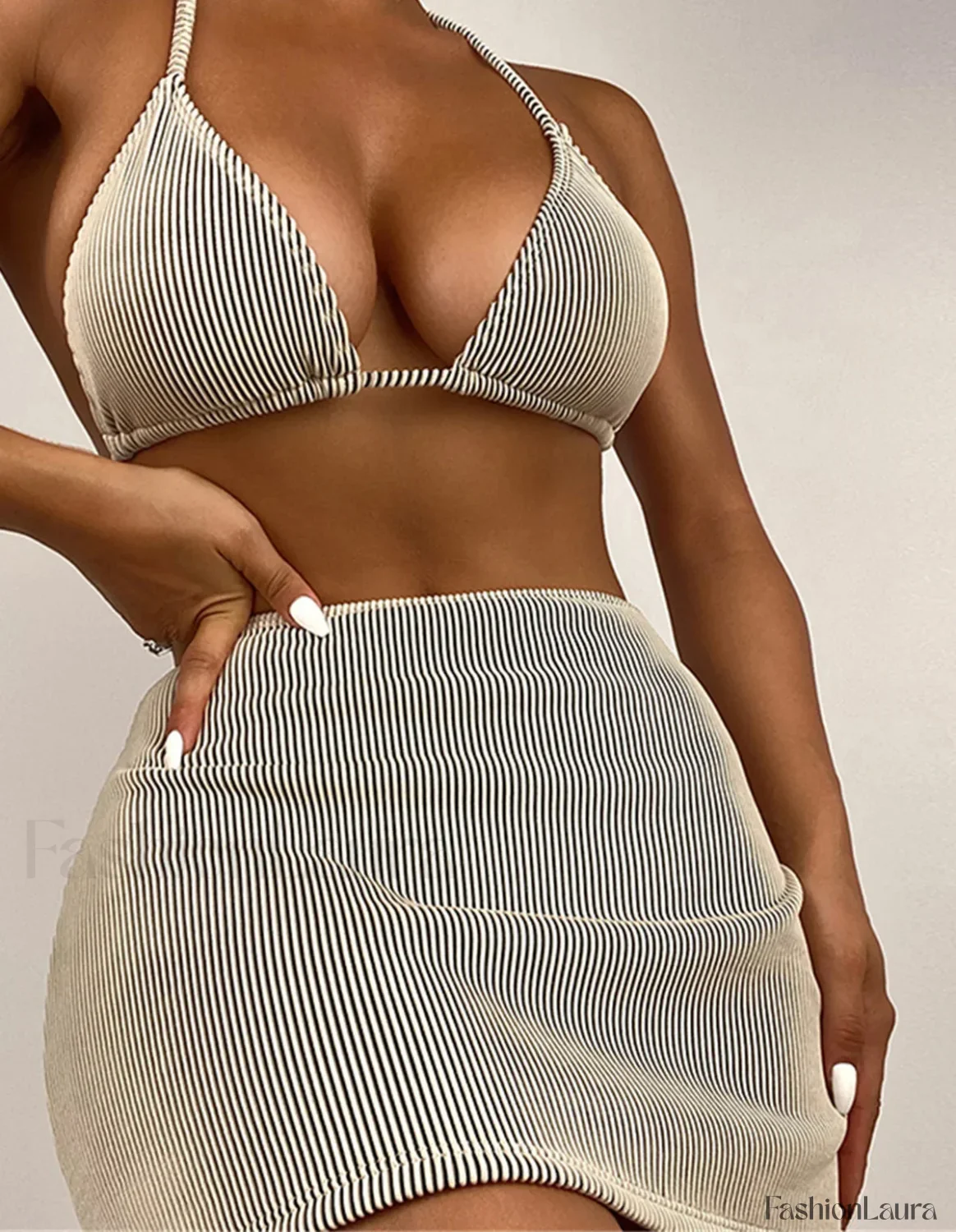 Ribbed Halter Skirt Bikini Three Piece Set - Image 6