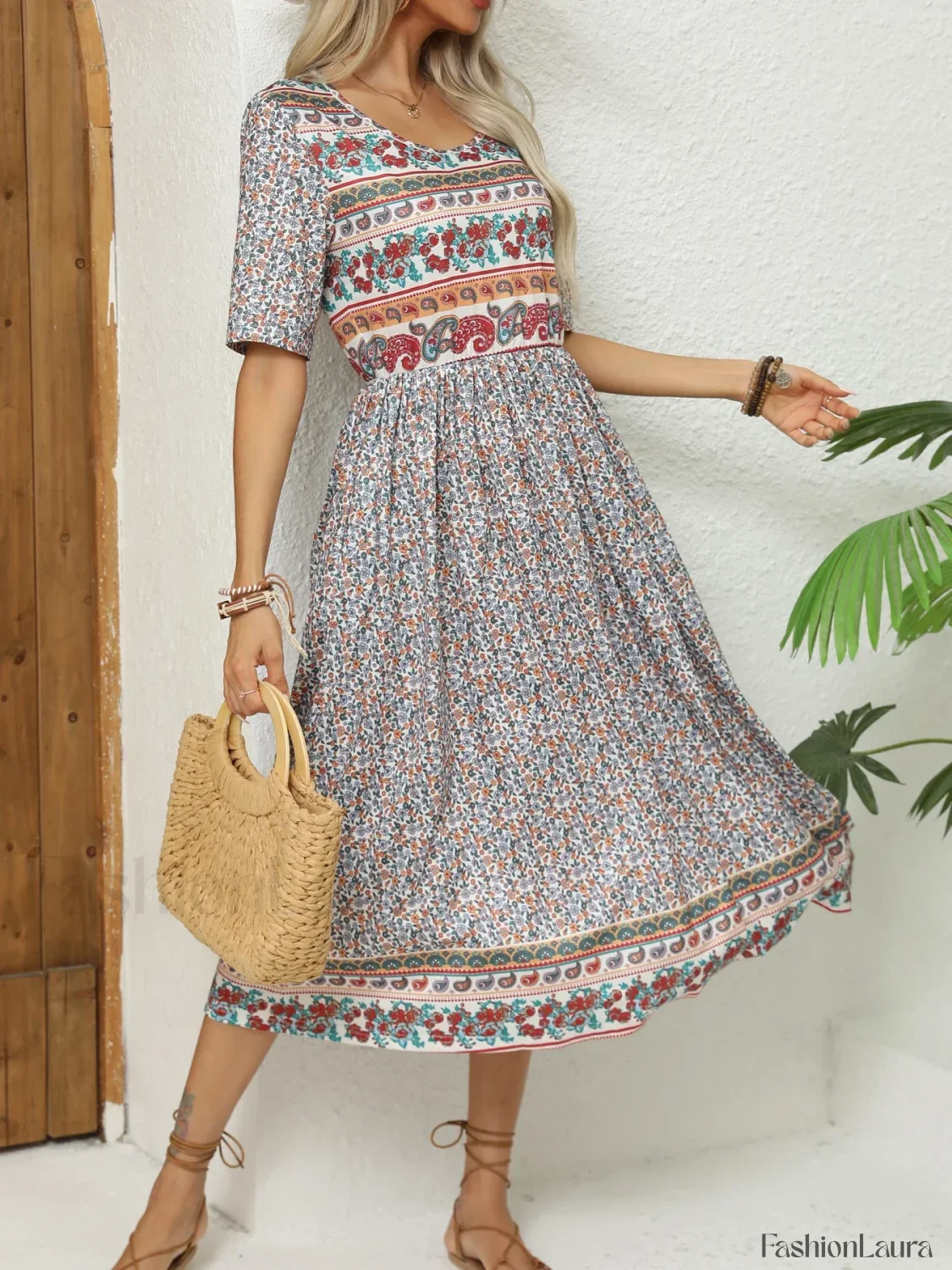 Round-Neck Bohemian Print Boho Dress - Image 10
