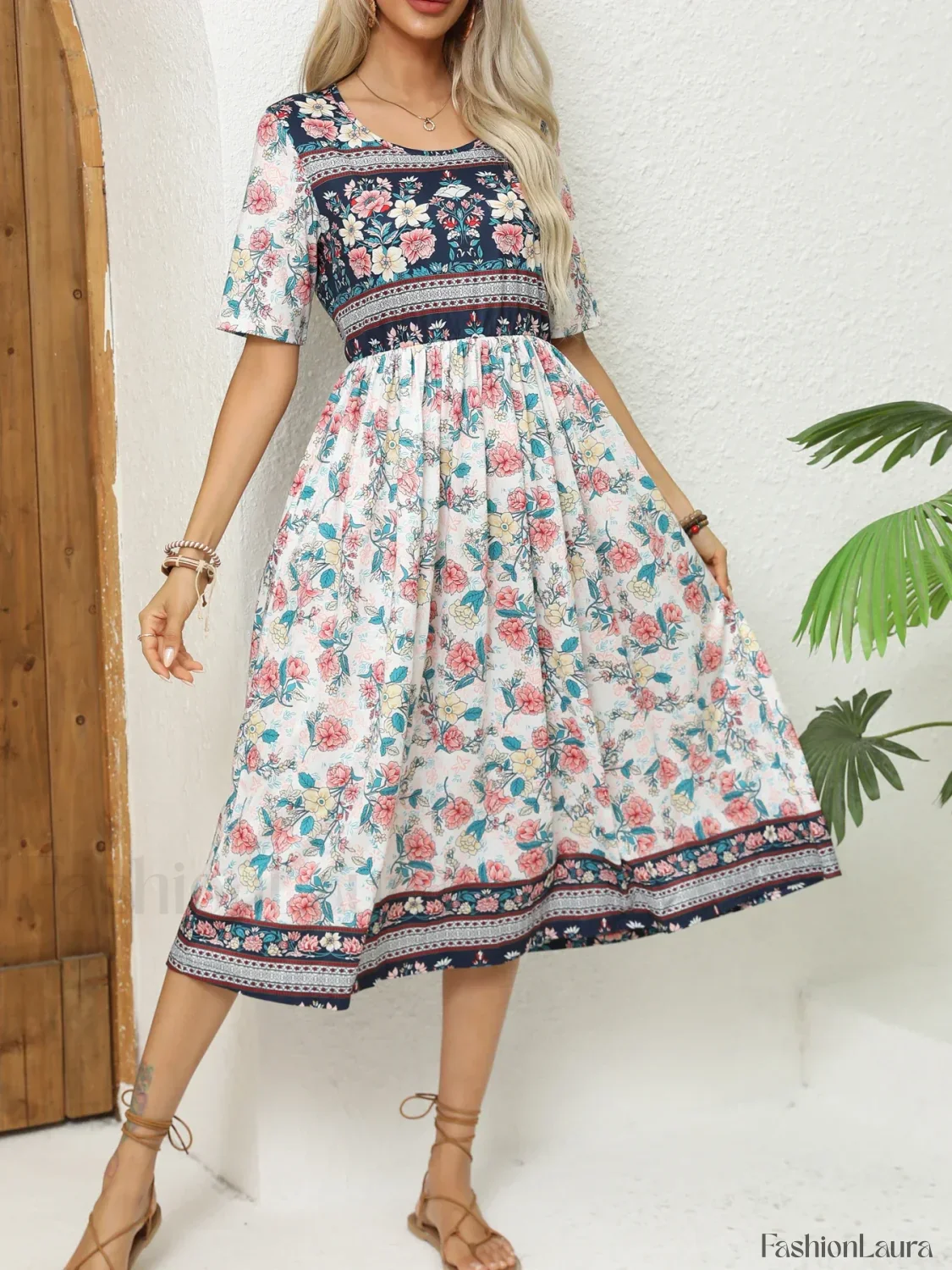 Round-Neck Bohemian Print Boho Dress - Image 12