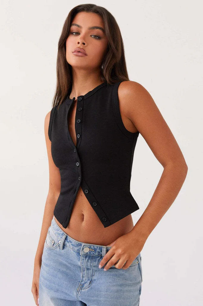 Round Neck Button Detail Ribbed Slim Tank Top - Image 2