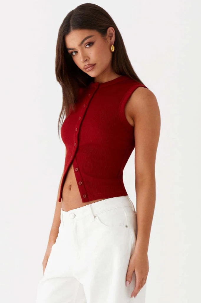 Round Neck Button Detail Ribbed Slim Tank Top - Image 5