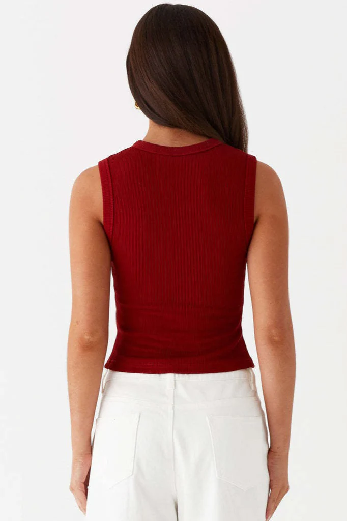 Round Neck Button Detail Ribbed Slim Tank Top - Image 6
