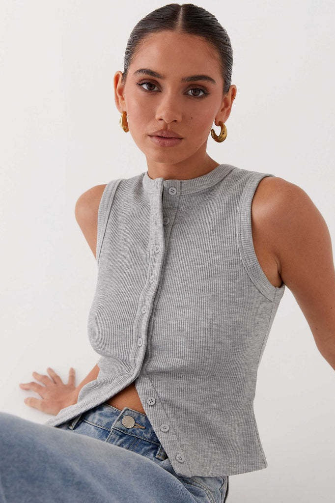 Round Neck Button Detail Ribbed Slim Tank Top - Image 7