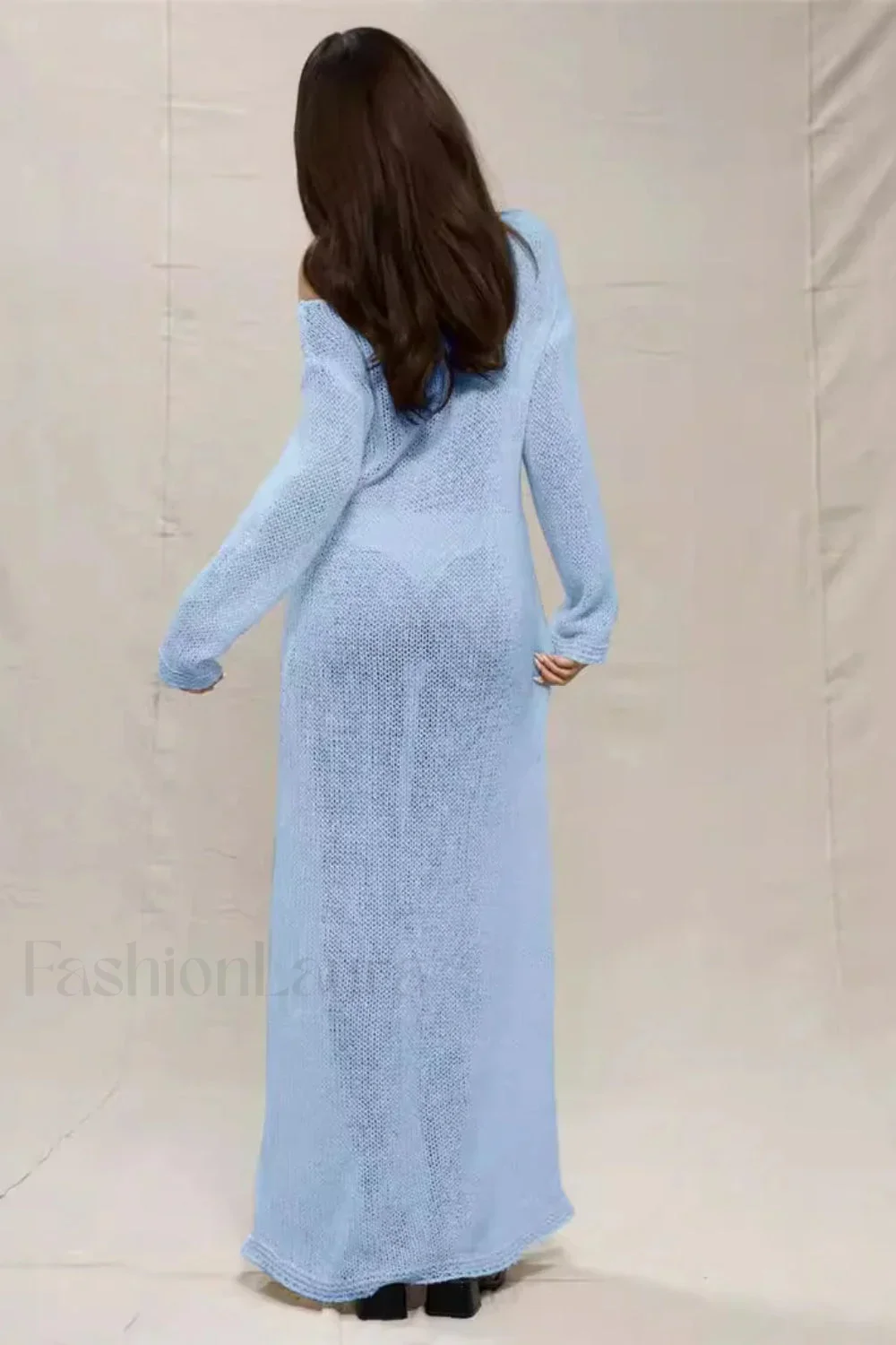 Round Neck Off-Shoulder Hollow Knitted Bodycon Maxi Dress - Image 2
