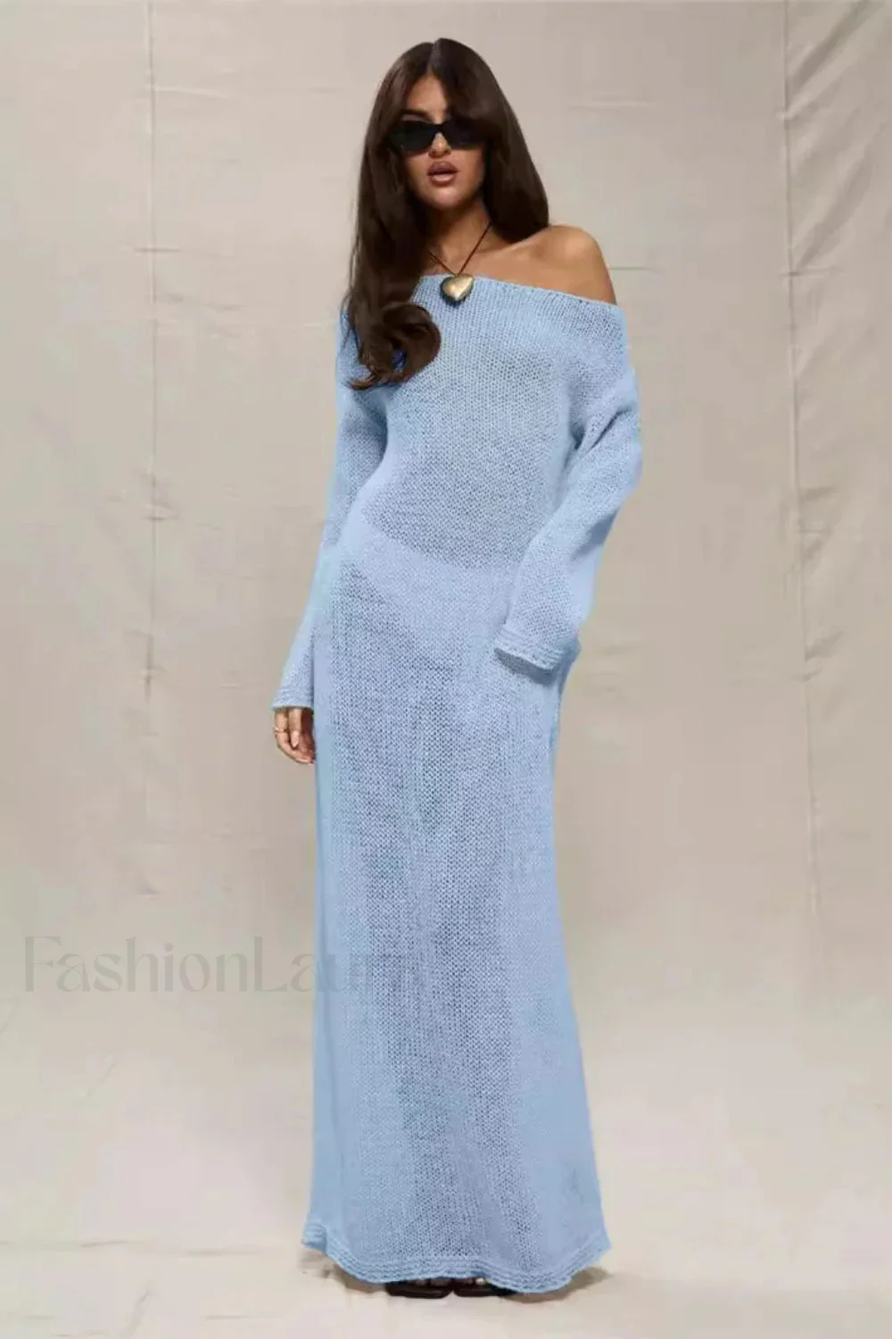 Round Neck Off-Shoulder Hollow Knitted Bodycon Maxi Dress - Image 8