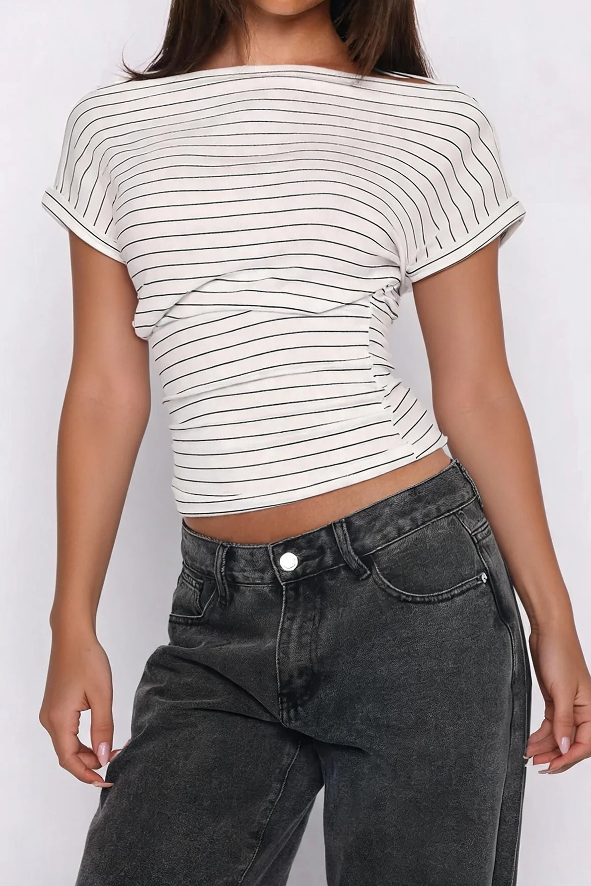 Ruched Cinched Waist Striped Off Shoulder Tee - Image 2