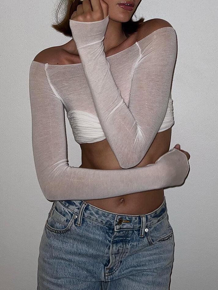 Ruched Off Shoulder Long Sleeve Crop Top - Image 16